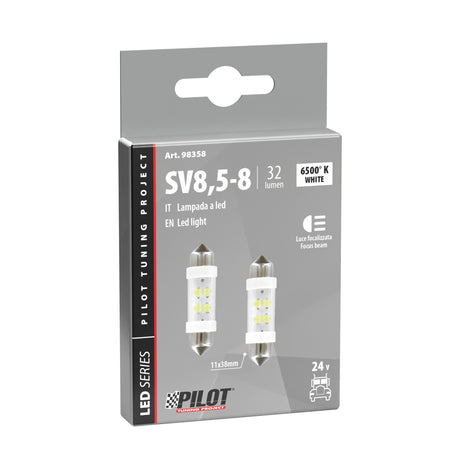 Lampa 24V Lampada siluro 4 Led - 11x38 mm - SV8,5-8 - 2 pz - Scatola - Bianco 98358