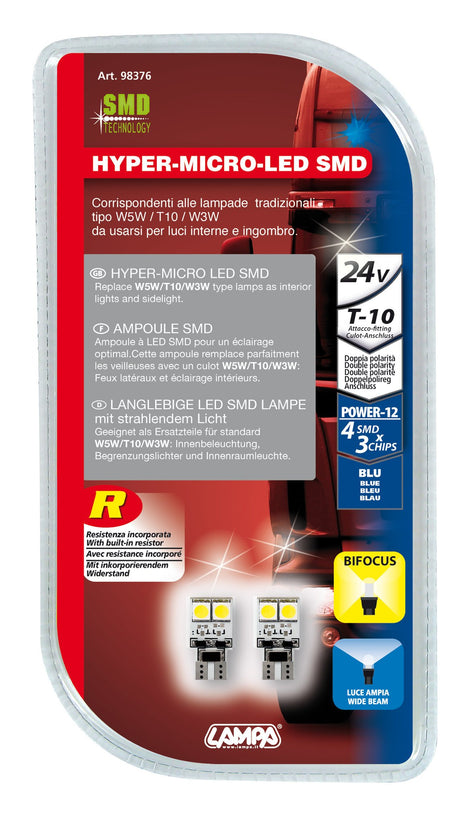 24V Hyper-Led 12 4 SMD x 3 chips T10 Bifocus W2,1x9,5d 2 pz Blu res. inc. 98376