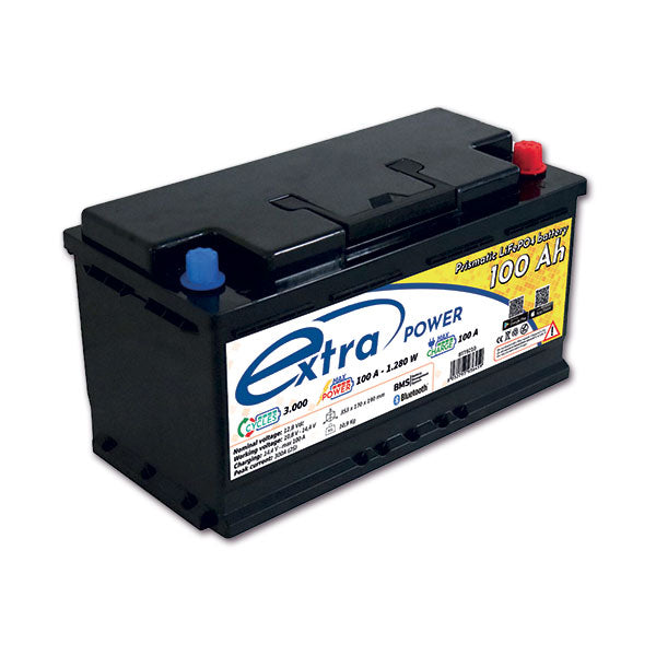 ExtraPower Batteria al Litio per Camper 100 Ah  Poli a Vite M8 con Bluetooth