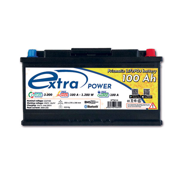 ExtraPower Batteria al Litio per Camper 100 Ah  Poli a Vite M8 con Bluetooth