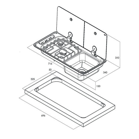 Randi 2-burner hob with right-hand sink 8032793936787