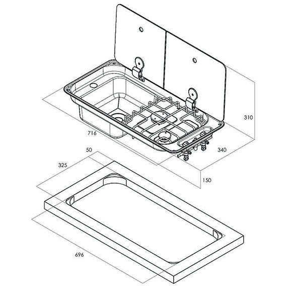 Randi 2-burner hob with left-hand sink 8032793936794