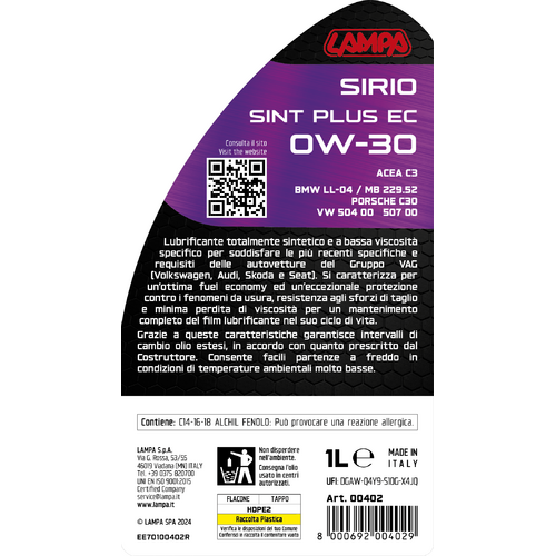 Lampa Sirio Sint Plus EC 0W-30, aceite de motor de automóvil - 1 L 00402