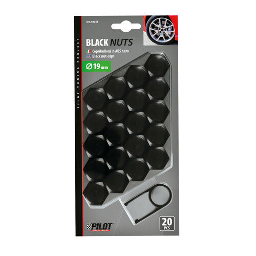 Pilot Black Nut Caps, 20 copribulloni in ABS - diametro 19 mm