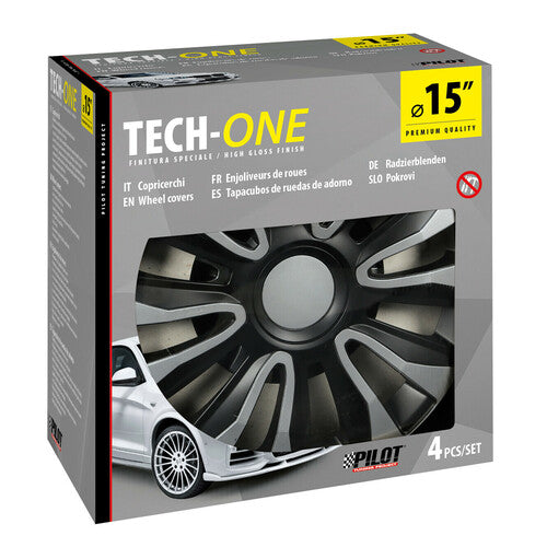 Pilot 4-teilige Radkappen - Tech-One Avalone Silber &amp; Schwarz lackiert - 15" 