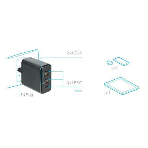 Multifunktionslampe, Netzladegerät mit 5 USB-Anschlüssen – PD/QC 3.0 – 60 W – 100/230 V 38720