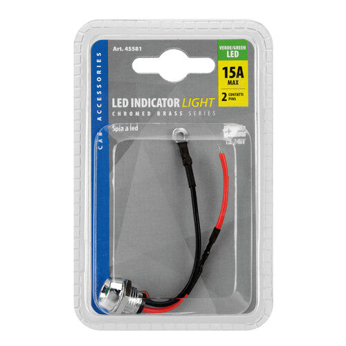 Lámpara indicadora LED, latón cromado - 12/24 V - Verde - 15 A 45581