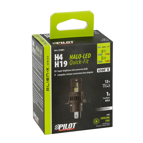 Pilot 12V Halo LED Alien-X Serie Schnellmontage - (H4-H19) - 25W - P43t / PU43t-3 - 1 Stück - Verpackung