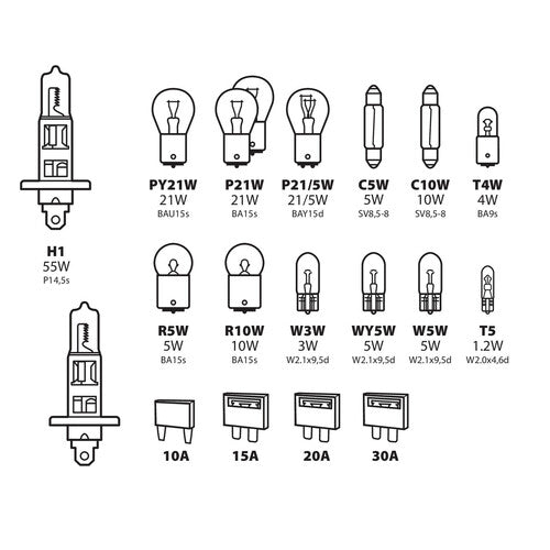Lampenset, 19 Ersatzlampen, Halogen 2x H1 - 12V 58161