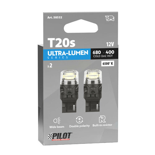 Pilot 12V Ultra-Lumen Series - (W21W) - W3x16d - 2 pz - Scatola - Bianco - Doppia polarità - Resistenza incorporata