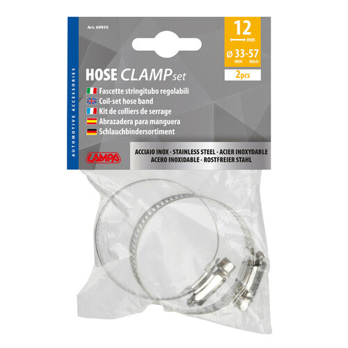 Abrazaderas de manguera de acero inoxidable Lampa (juego de 2 unidades, 12 mm de diámetro, 33-57 mm, 69935)