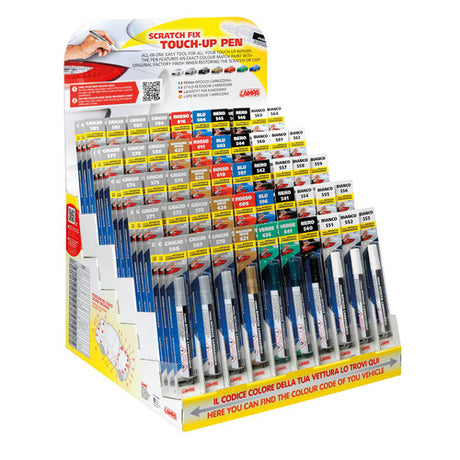 Complete display of 150 assorted body touch-up pens in 50 colors