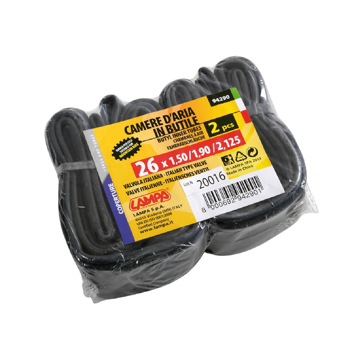 Lampa Camere aria in butile, 2 pz - Valvola Italia - 26 x 1,50/1,90/2,125