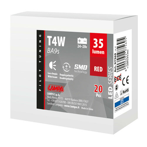 Serie Led Piloto 24/28V - 5 SMD x 1 chip - (T4W) - BA9s - 20 uds - Caja - Rojo - Doble polaridad