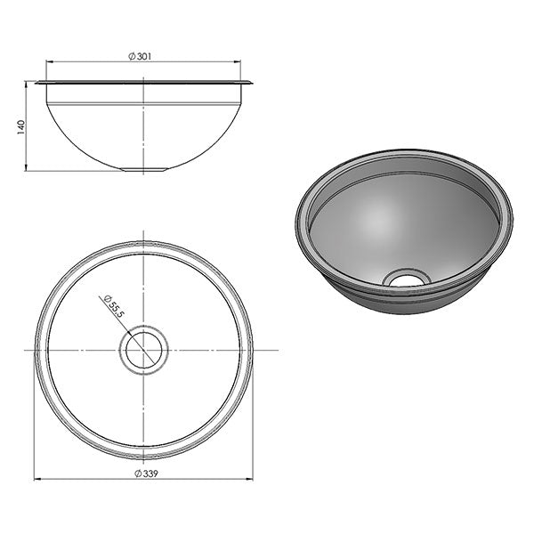 Fregadero redondo de acero inoxidable de 300 mm - Fregadero circular para autocaravanas y barcos 8032793936701