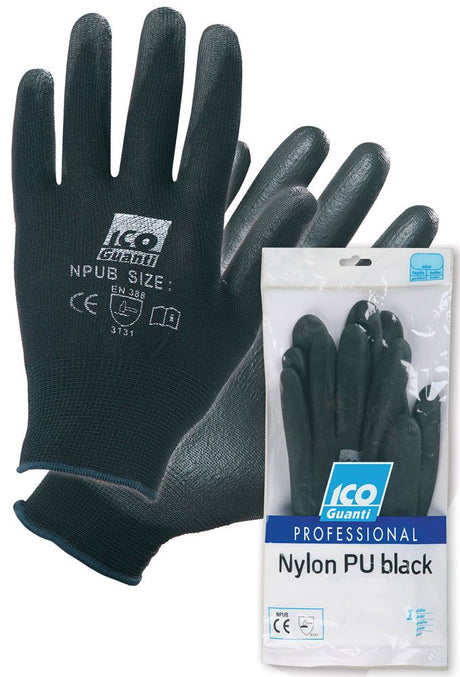 Ico Paar schwarze Nylon-PU-Handschuhe Größe M/7