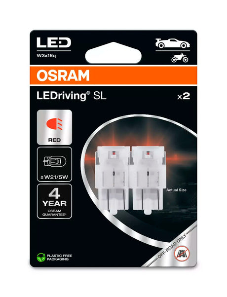 Osram 12V LEDriving SL - (W21/5W) - 1W - W3x16q - 2 pz - Scatola - Rosso