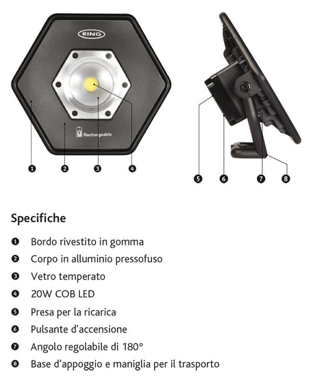 Ring Faro da lavoro COB LED 20W-220V ricaricabile