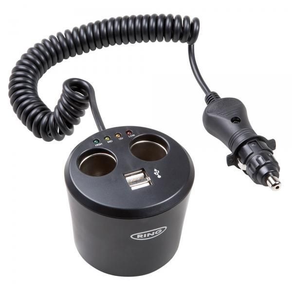 Toma de mechero doble Ring de 12 V y 10 A con comprobador de batería y dos puertos USB de 1 A