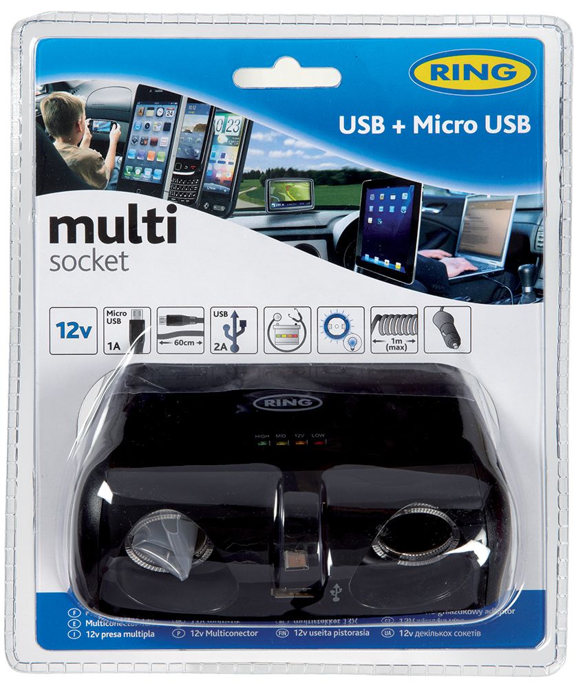 Toma de mechero doble Ring de 12 V y 10 A con USB 2 A, micro USB 1 A y comprobador de batería