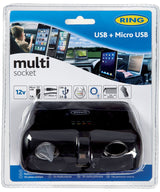 Toma de mechero doble Ring de 12 V y 10 A con USB 2 A, micro USB 1 A y comprobador de batería