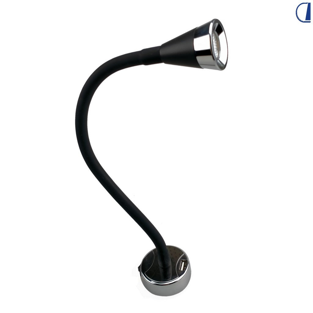 Faretto flessibile LED 1W 3200K nero con interruttore meccanico e USB