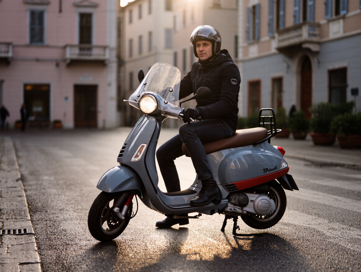 Scooter con parabrezza Biondi in citta, mattina d inverno