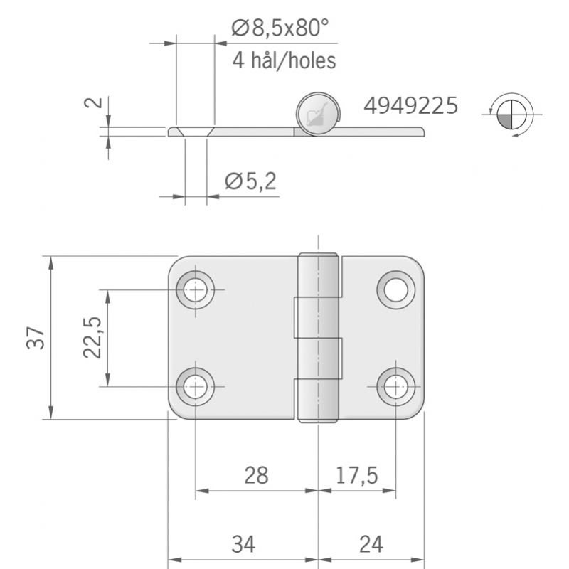 Roca Ab. Bisagra de acero inoxidable mm 58X37 441550
