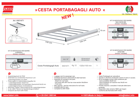 Fabbri Cesta Portabagagli Auto 110x132x10 cm universale per barre portatutto