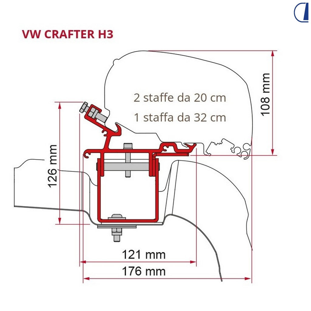 Fiamma Kit adattatore tendalino per VW Crafter/MAN TGE L3 H3 senza guida tetto