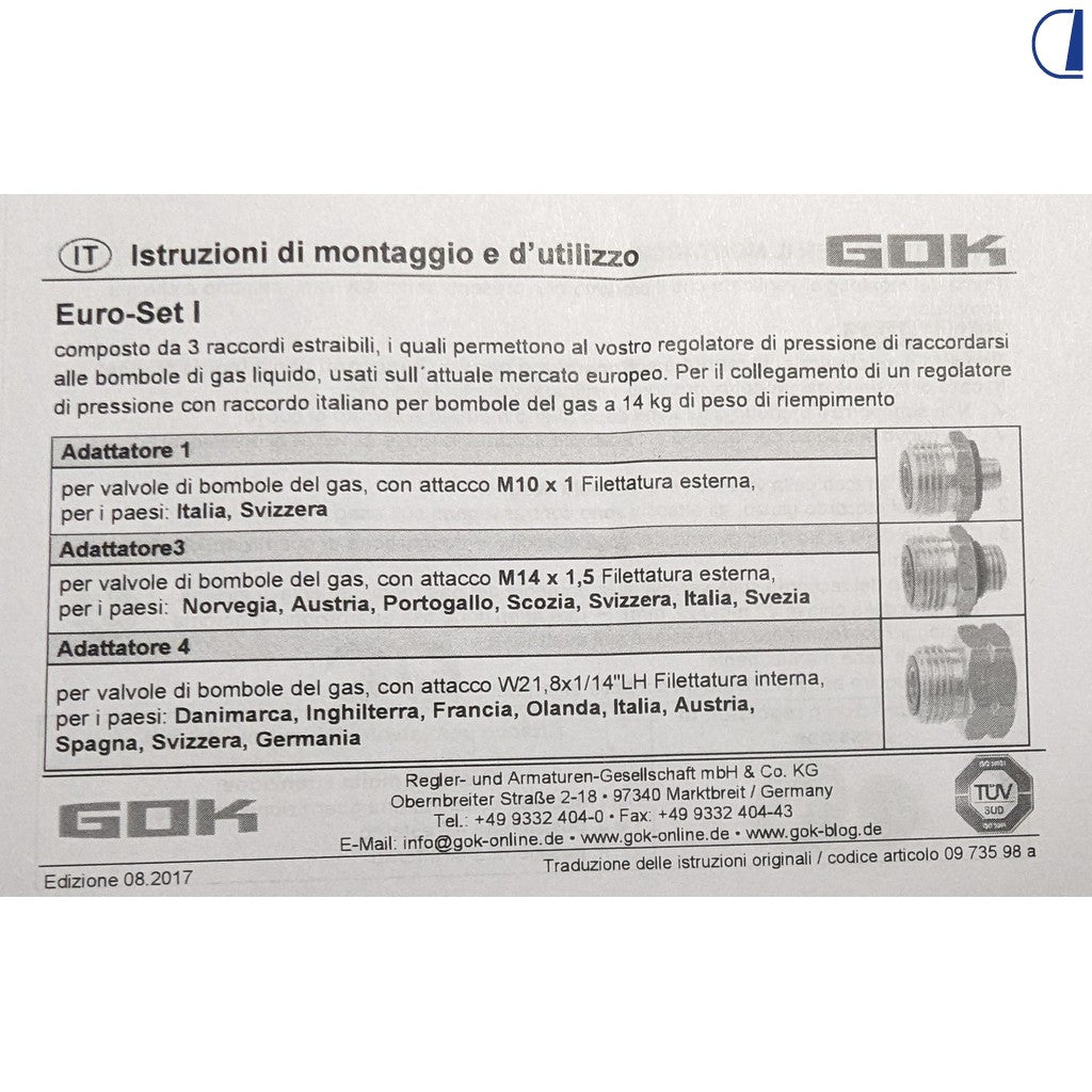 GOK Euro-Set IT set 3 adattatori per regolatore italiano su bombole europee