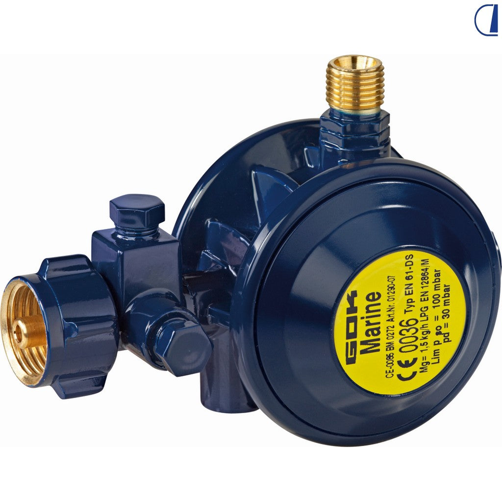 GOK Regolatore gas Marine 30 mbar 1,5 kg/h uscita 90° blu