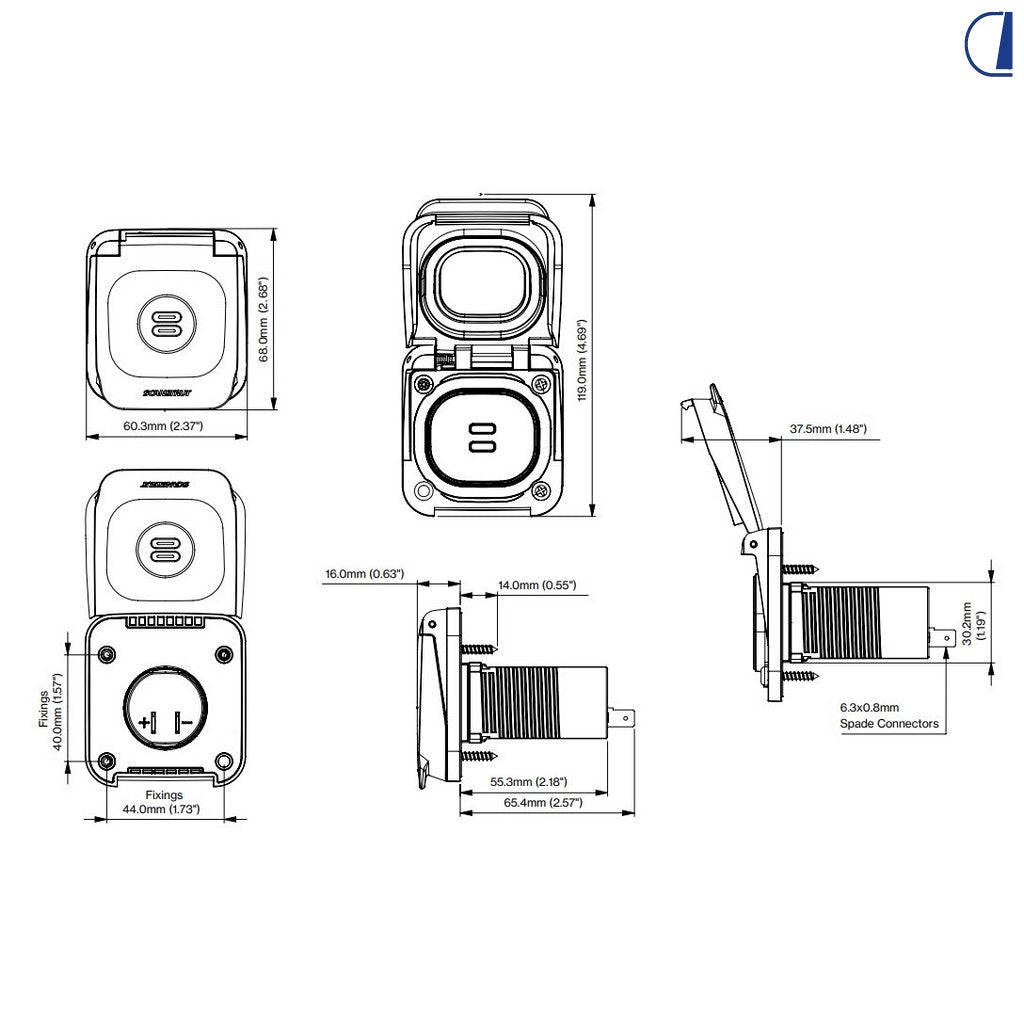 Di-Tec Presa doppia USB-C da esterno Serie Ventura 12/24V IP68