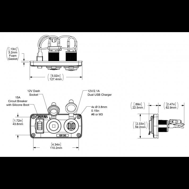 Blue Sea 12-Volt-USB-Steckdosen-Schalterpanel 4363-BSS