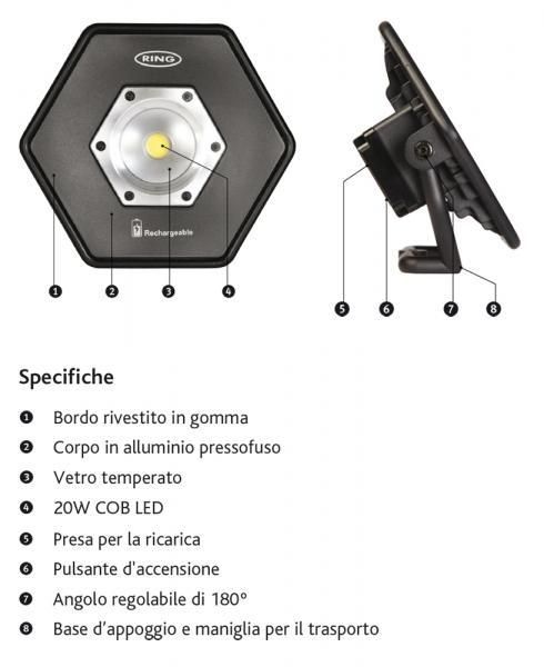 Ring Faro da lavoro COB LED 20W-220V ricaricabile