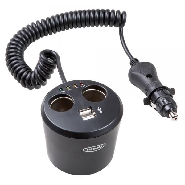 Toma de mechero doble Ring de 12 V y 10 A con comprobador de batería y dos puertos USB de 1 A