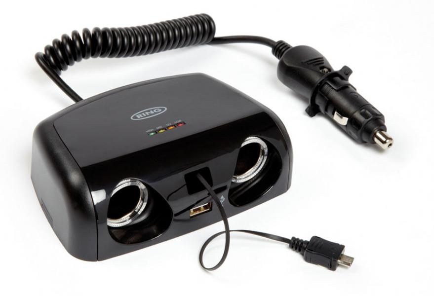 Ring Doppel-Zigarettenanzünderbuchse 12V 10A mit USB 2A, Micro-USB 1A und Batterietester