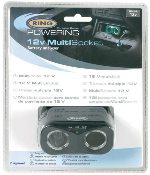 Toma de mechero doble Ring de 12 V y 8 A con comprobador de batería