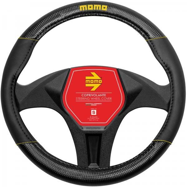Funda de volante de carbono Momo negro/amarillo 38-39 cm