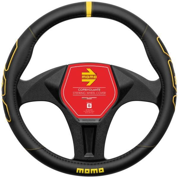 Momo Profile Autolenkradbezug Schwarz/Gelbe Nähte 38-39 cm