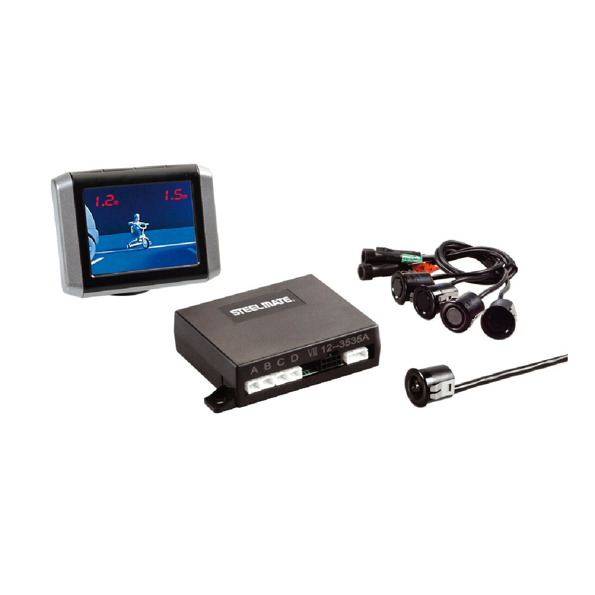 Steelmate PTSV402, kit 4 sensori parcheggio con telecamera e monitor, 12V