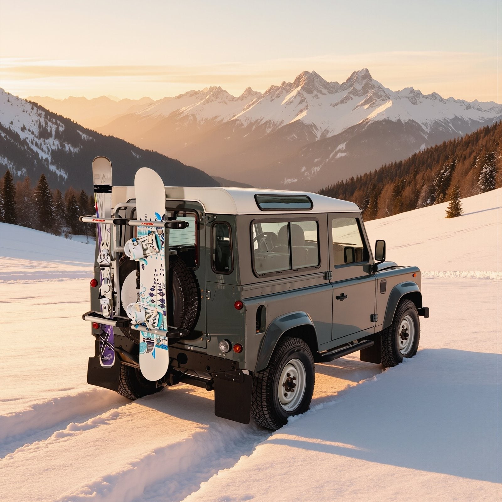 Fuoristrada sulla neve in montagna con il portasci Fabbri Gringo montato sulla ruota di scorta, carico di sci e snowboard